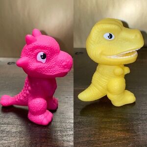 2 Rubber Dinosaur Figures Pink & Yellow Toy Tyrannosaurus Rex Collectible‎